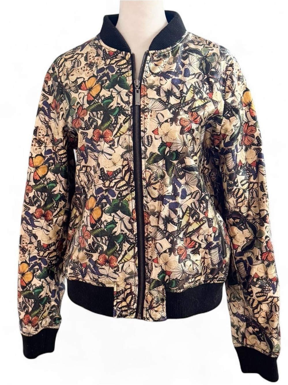 J2 by Jou Jou Gold Metallic Butterfly Print Bomber Jacket Sz S